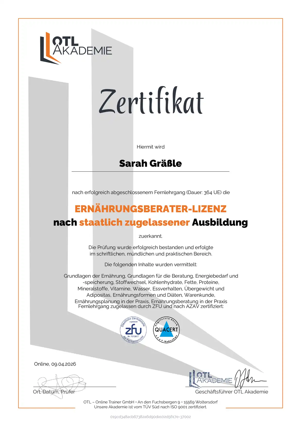 Zertifikat Ernährungsberater-Lizenz nach staatlich zugelassener Ausbildung von Sarah Gräßle bei der OTL Akademie.