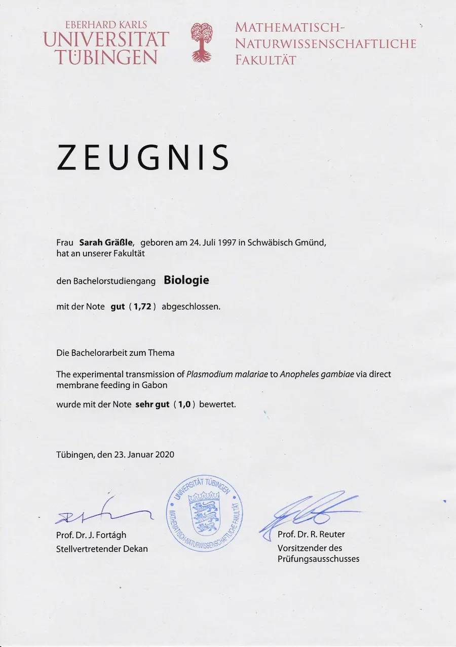 Bachelor-Zeugnis im Studiengang Biologie der Universität Tübingen für Sarah Gräßle