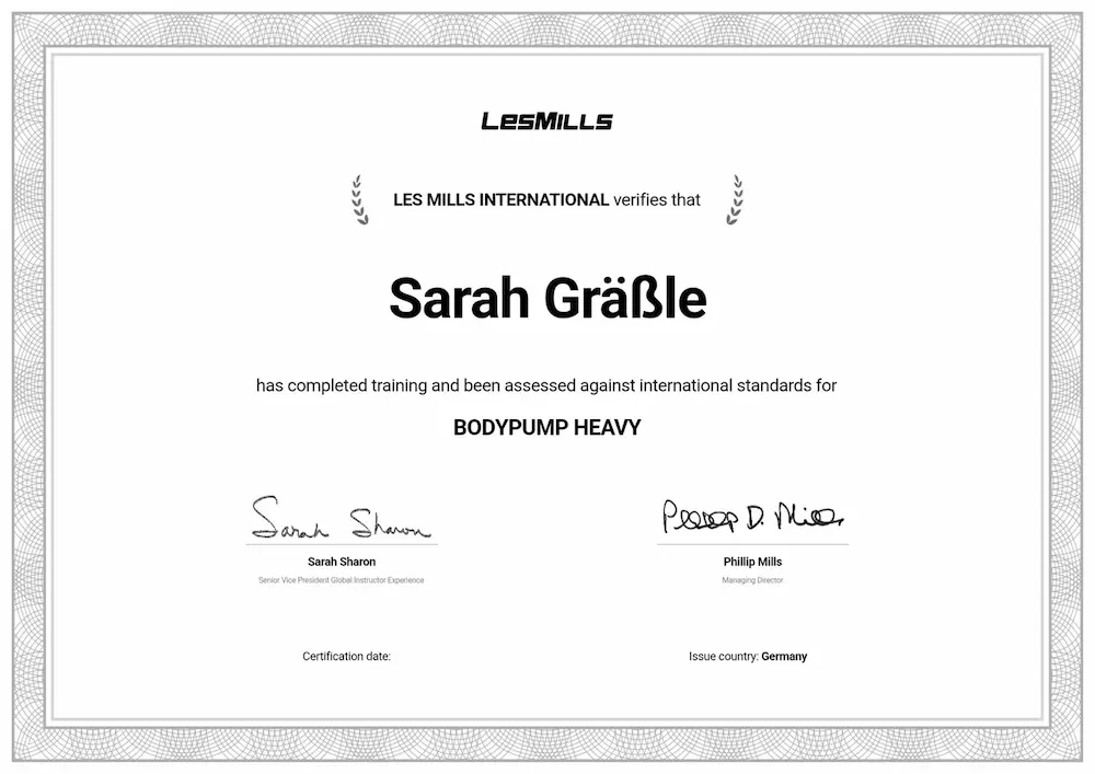Les Mills International Zertifikat für Sarah Gräßle für den erfolgreichen Abschluss von Bodypump Heavy
