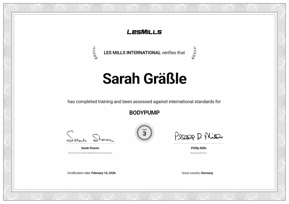 Les Mills International Zertifikat für Sarah Gräßle als qualifizierte Bodypump-Trainerin (Level 3)
