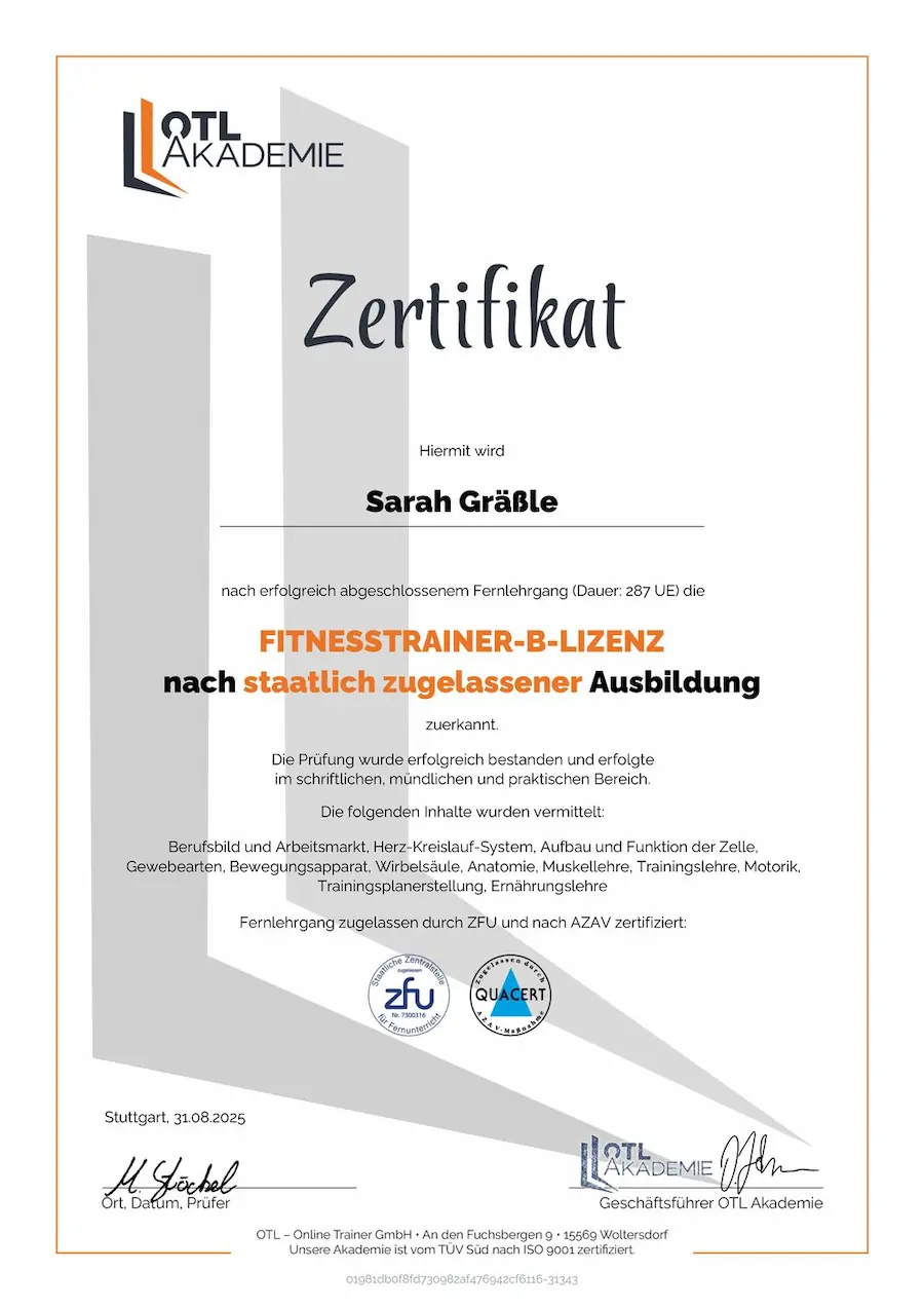Zertifikat der OTL Akademie zur staatlich zugelassenen Fitnesstrainer-B-Lizenz für Sarah Gräßle
