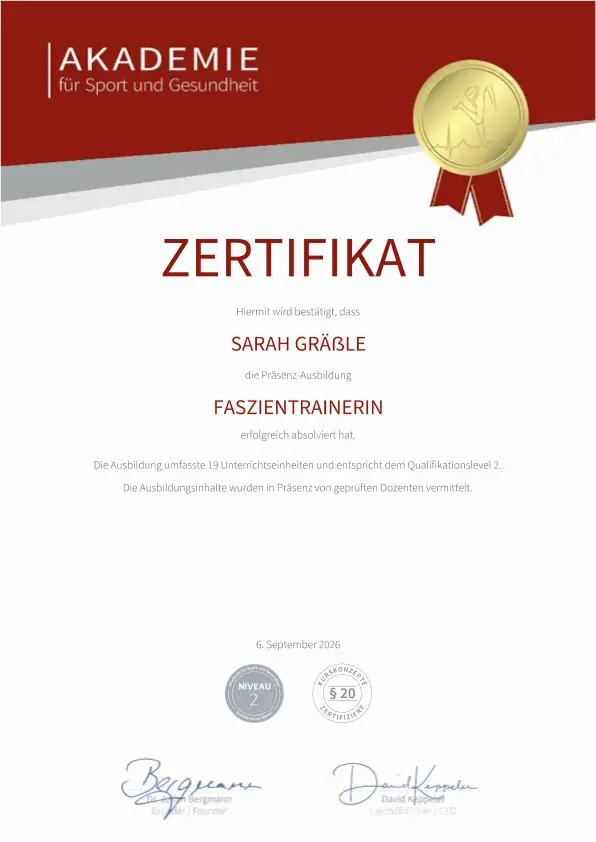 Zertifikat der Akademie für Sport und Gesundheit zur Präsenz-Ausbildung Faszientrainerin für Sarah Gräßle